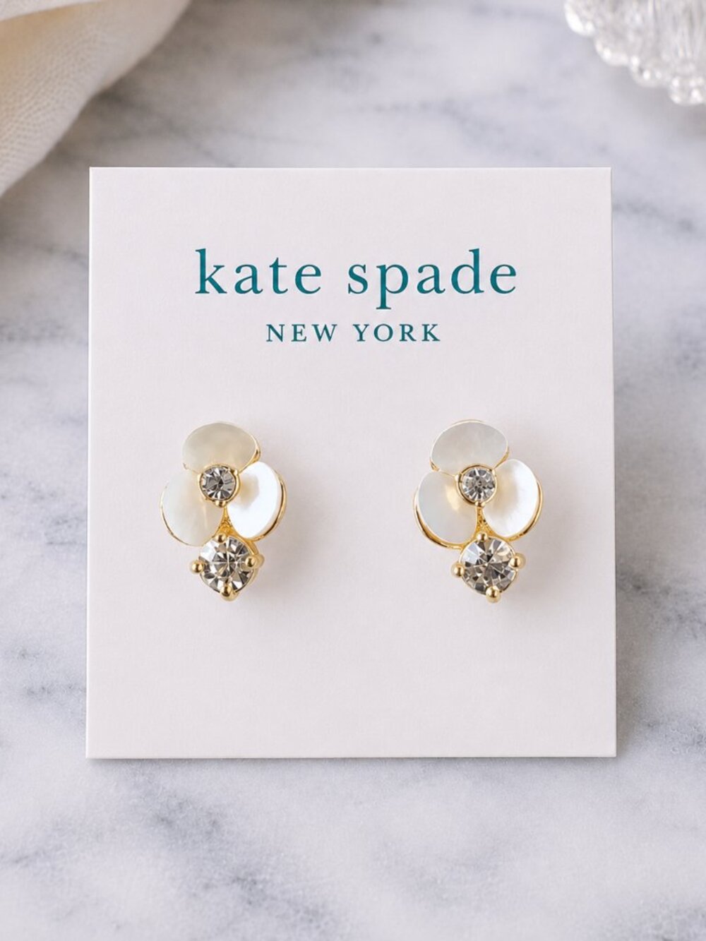 Kate Spade New York Gold Tone Mother of Pearl Flower Crystal Drop Stud Earrings